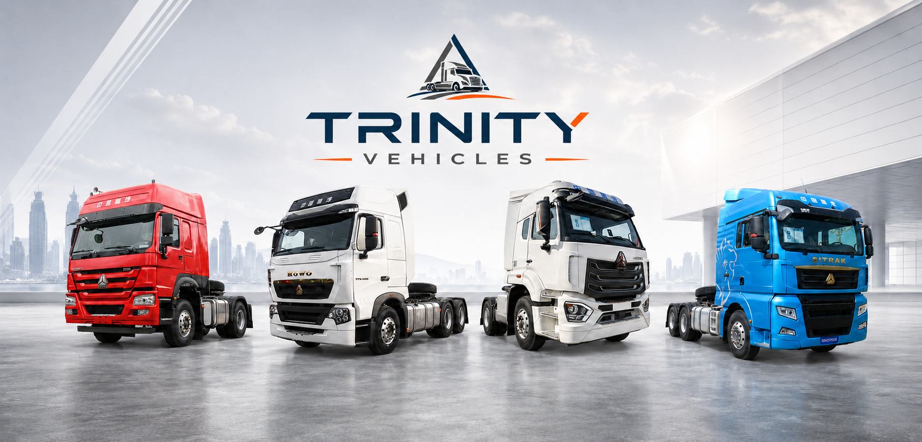 Trinity Vehicles banner with four heavy-duty tractor trucks